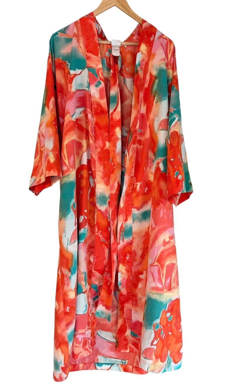 Natori Watercolor Floral Long Kimono Robe Duster Orange Coral Blue Maxi Pockets